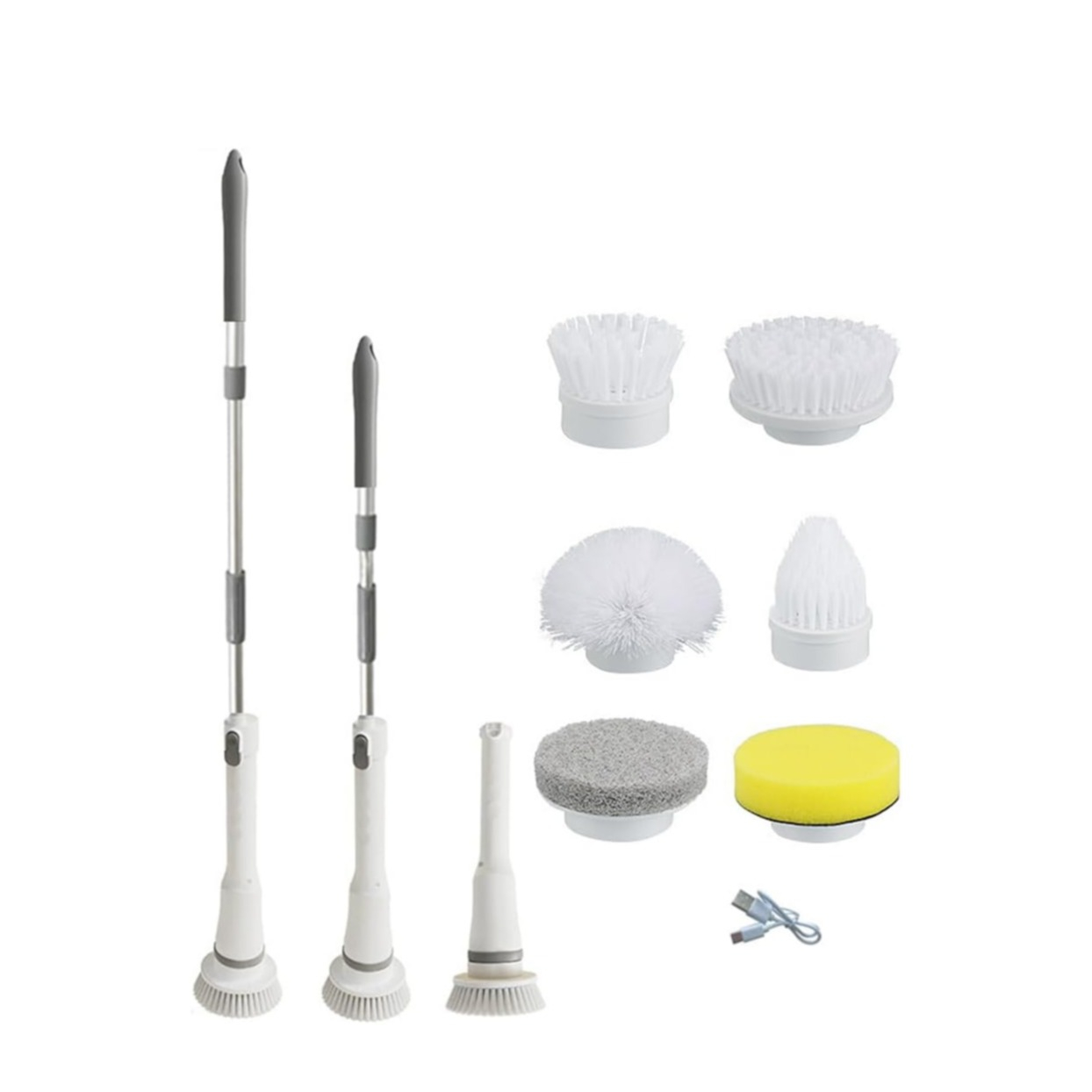 (7-tlg. Set) USB Reinigungs Bürste Elektrischer Spin Scrubber Power Schrubber mit Teleskopstiel   6 Aufsätze - Weiss