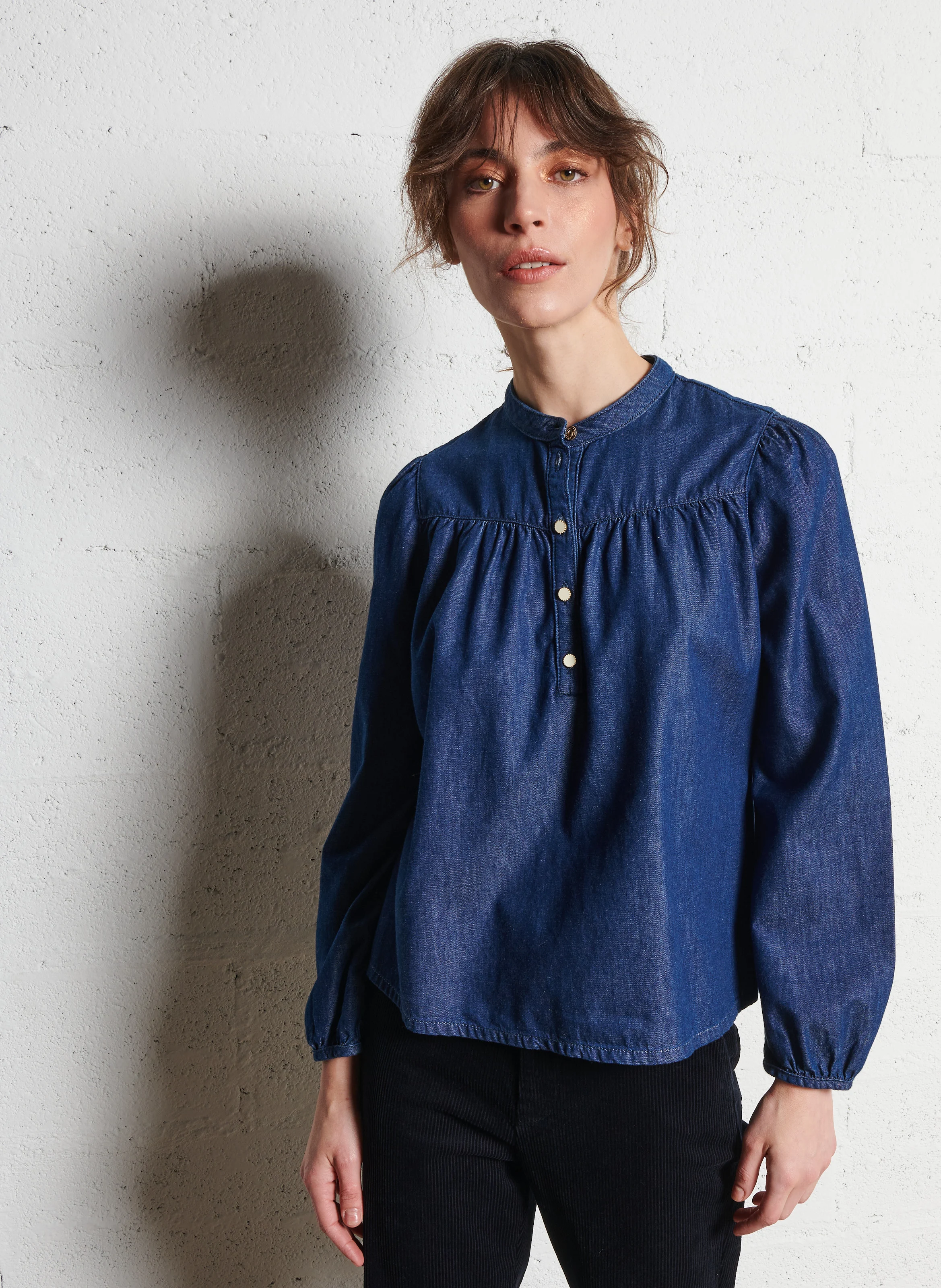 Top ample col mao en coton | Bleu