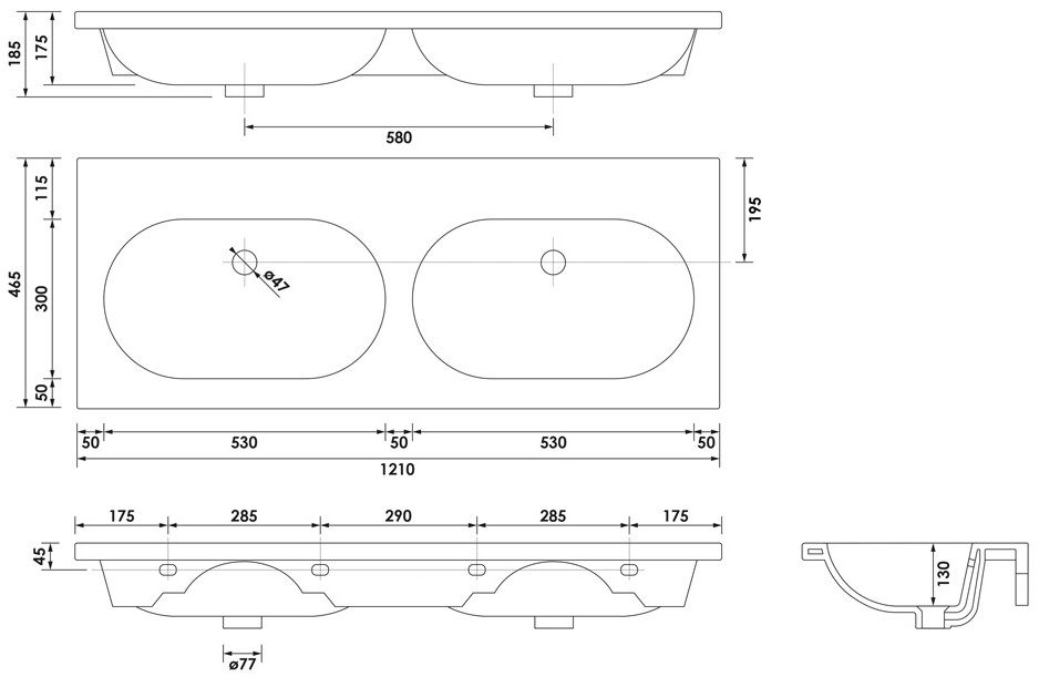 Brauer Moon dubbele wastafel keramiek 120cm zonder kraangat wit glans
