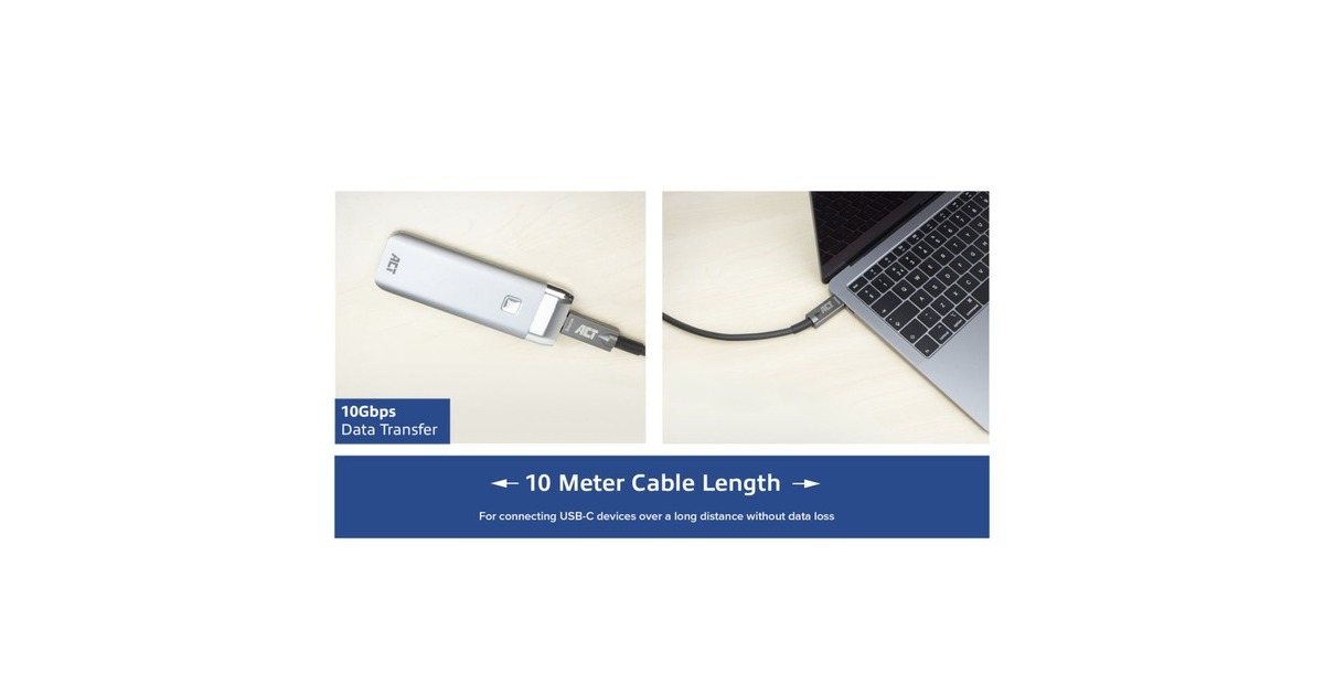 ACT ConnectivityUSB 3.2 Gen2 kabel, USB-C naar USB-C   (Zwart, 10 meter, PD ondersteuning tot 60 watt)