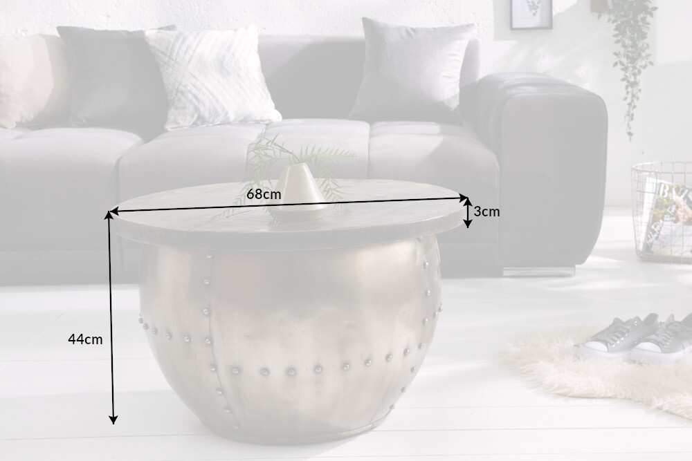 Runder Couchtisch DRUMP STORAGE 70cm grau silber Mangoholz massiv mit Stauraum handmade