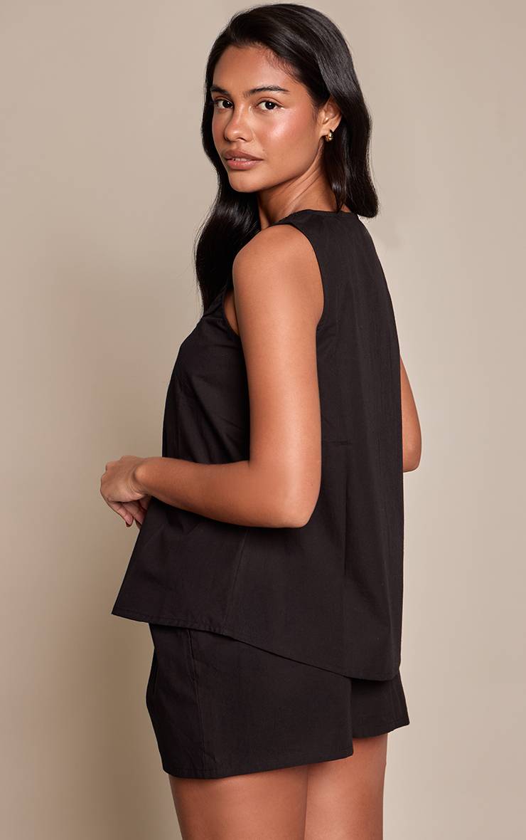 Noir Haut Col Rond Froncé En Coton