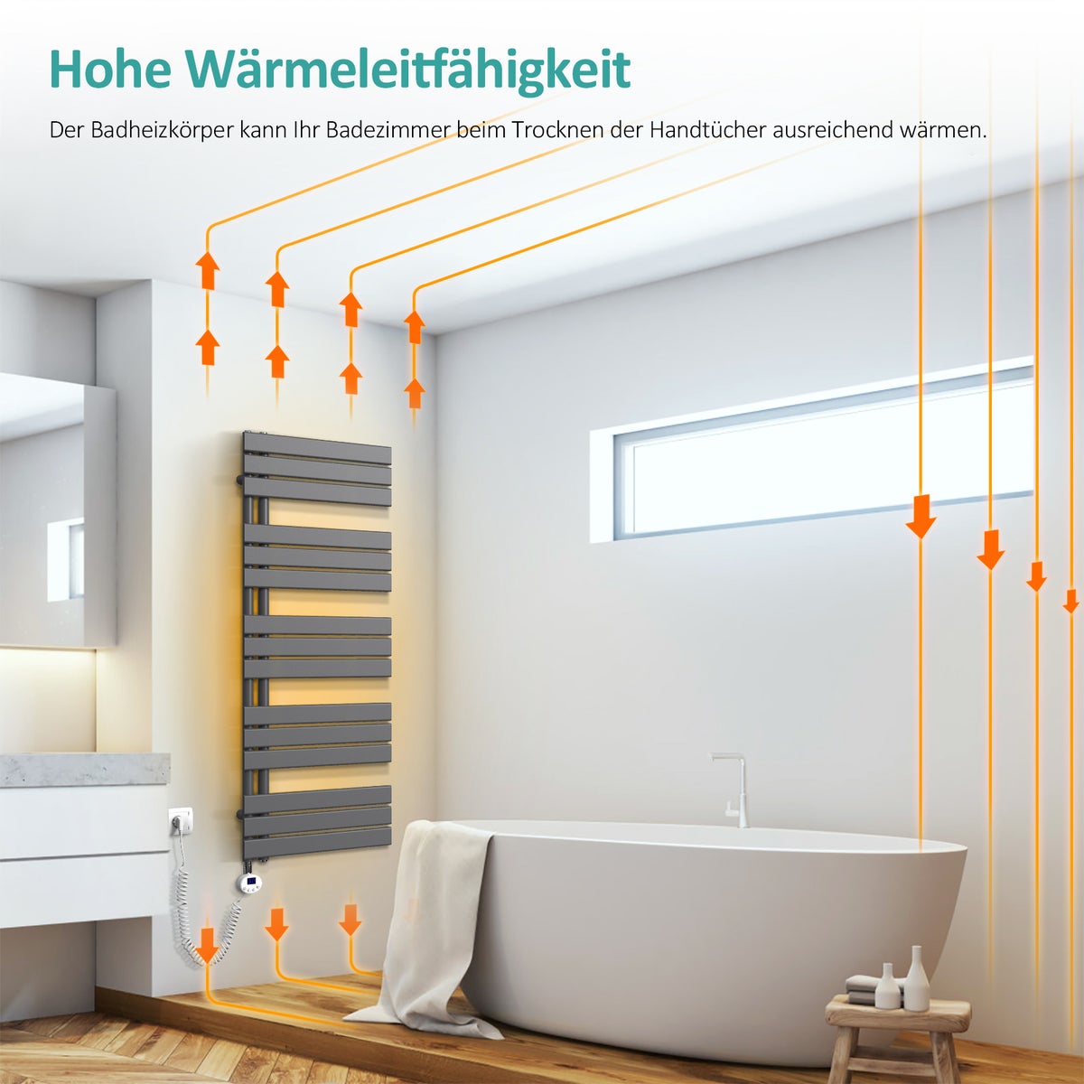 EMKE Elektrische Design Paneelradiator met Thermostaat en Timer voor Handdoekradiator, Zijdelings Open, Verticaal, 800 Watt, 60 cm x 132 cm, Antraciet