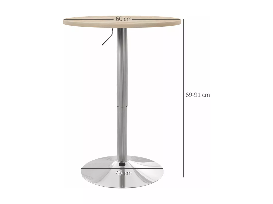 Table de bar ronde Ø 60 cm table bistro chic hauteur réglable 69-91 cm acier chromé aspect bois clair