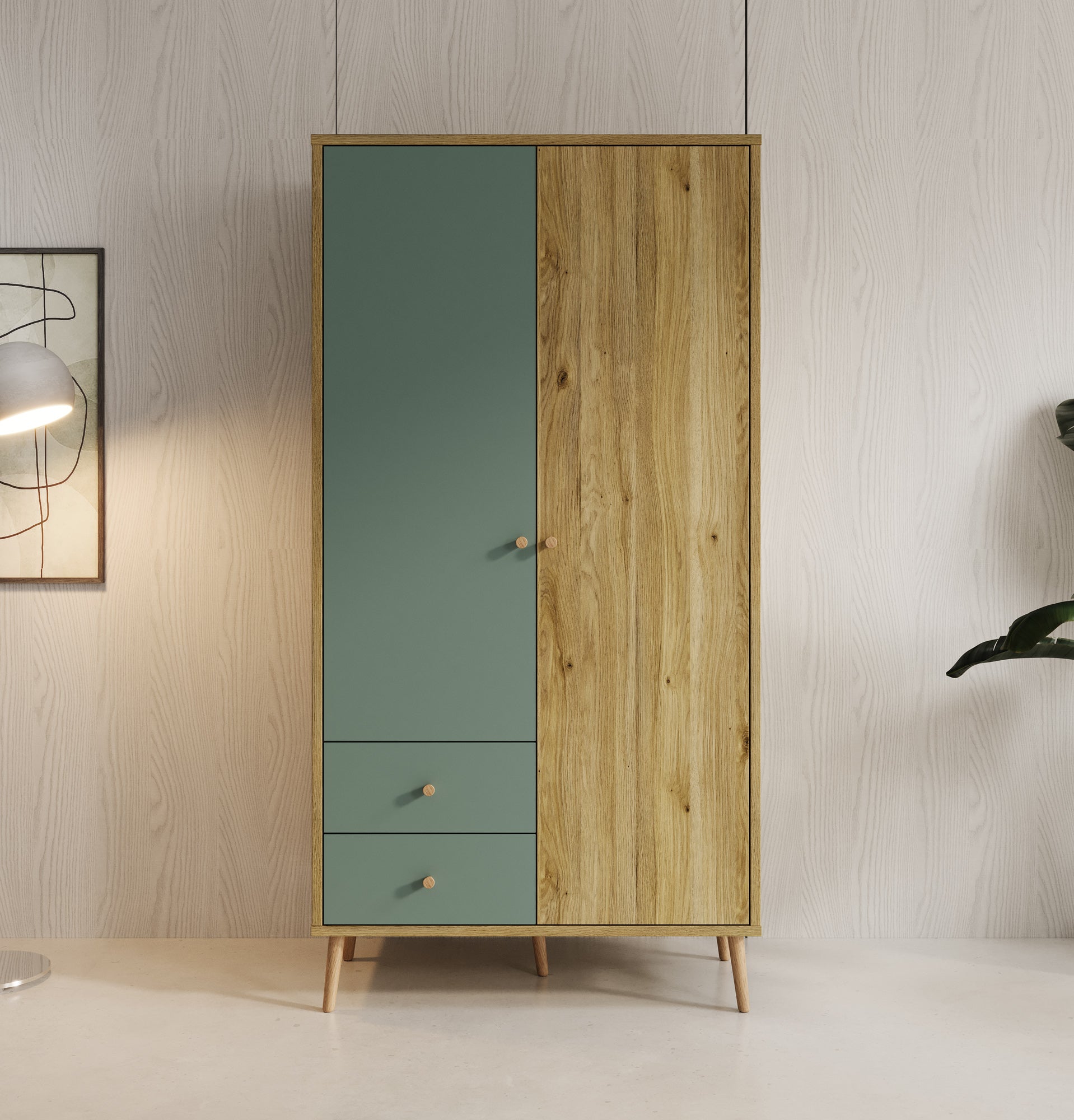 Wally - Kledingkast 2-deurs - Licht eiken/groen - 95x52x186 cm