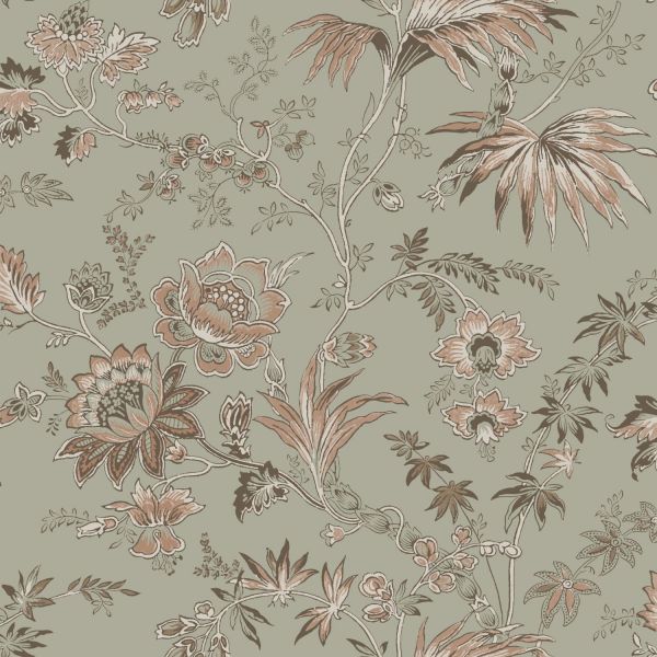 Estahome Vintage Bloemen Behang II - 0,53 x 10,05 m - Donkerblauw / Olijfgroen