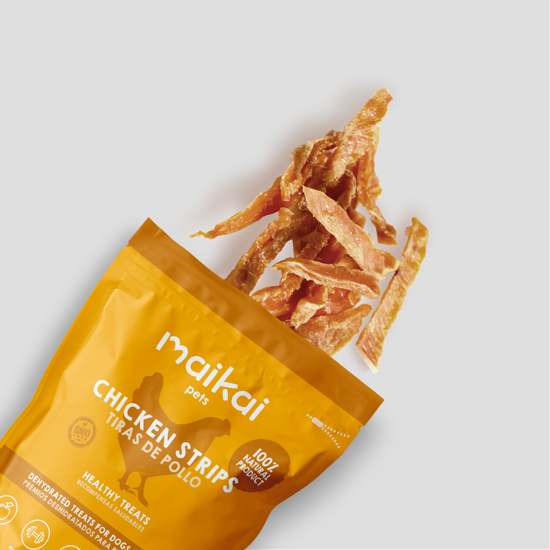 Tiras de peito de frango desidratadas. 100g. Petiscos para cães e gatos. 100% Natural. MAIKAI PETS.