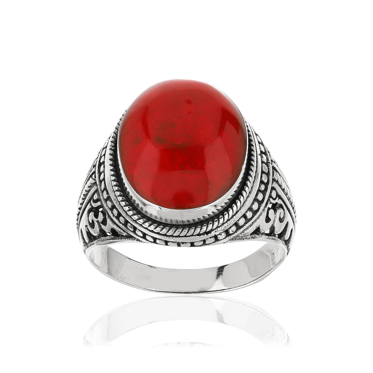 Bague argent 925 vieilli cabochon corail rouge