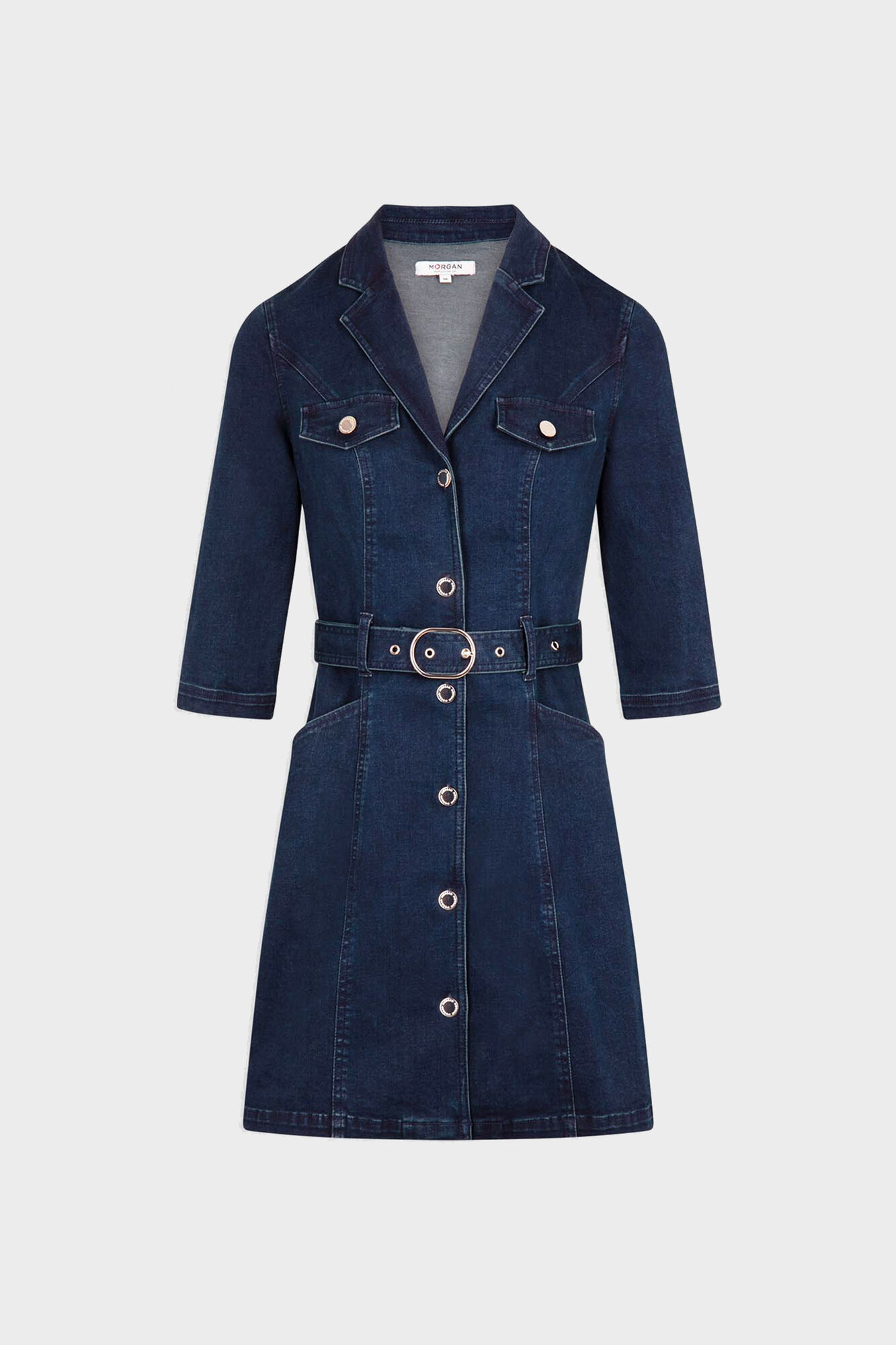Vestido jeans evasê com cinto - Azul marinho