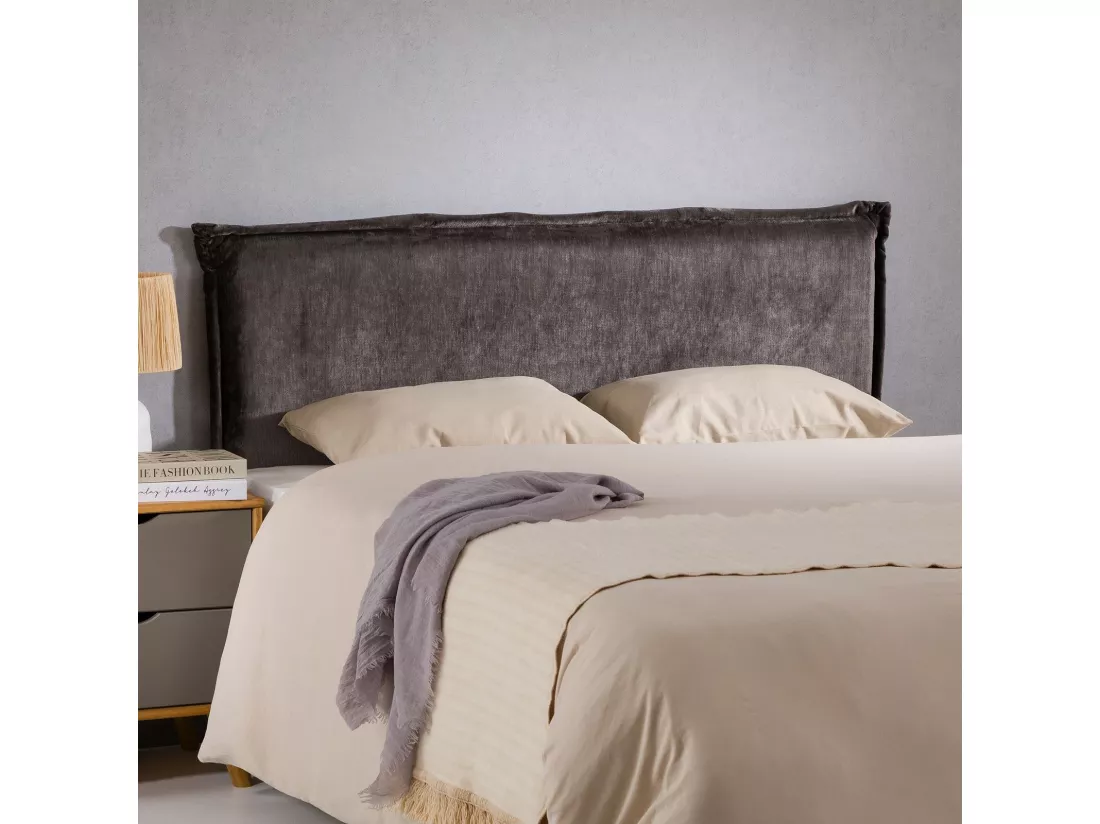 Tête de lit ELORE 140 rembourrée, En tissu polyester pour lit 140 cm, Sur pieds en bois, Gris