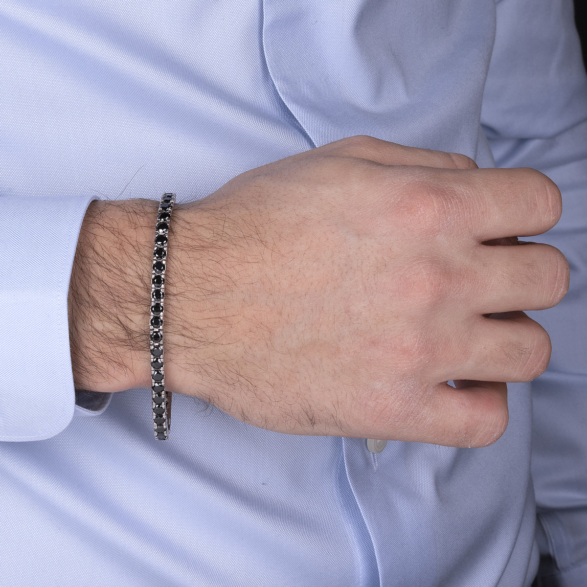 Bracelet argent 925 spinelles noires rondes 21cm