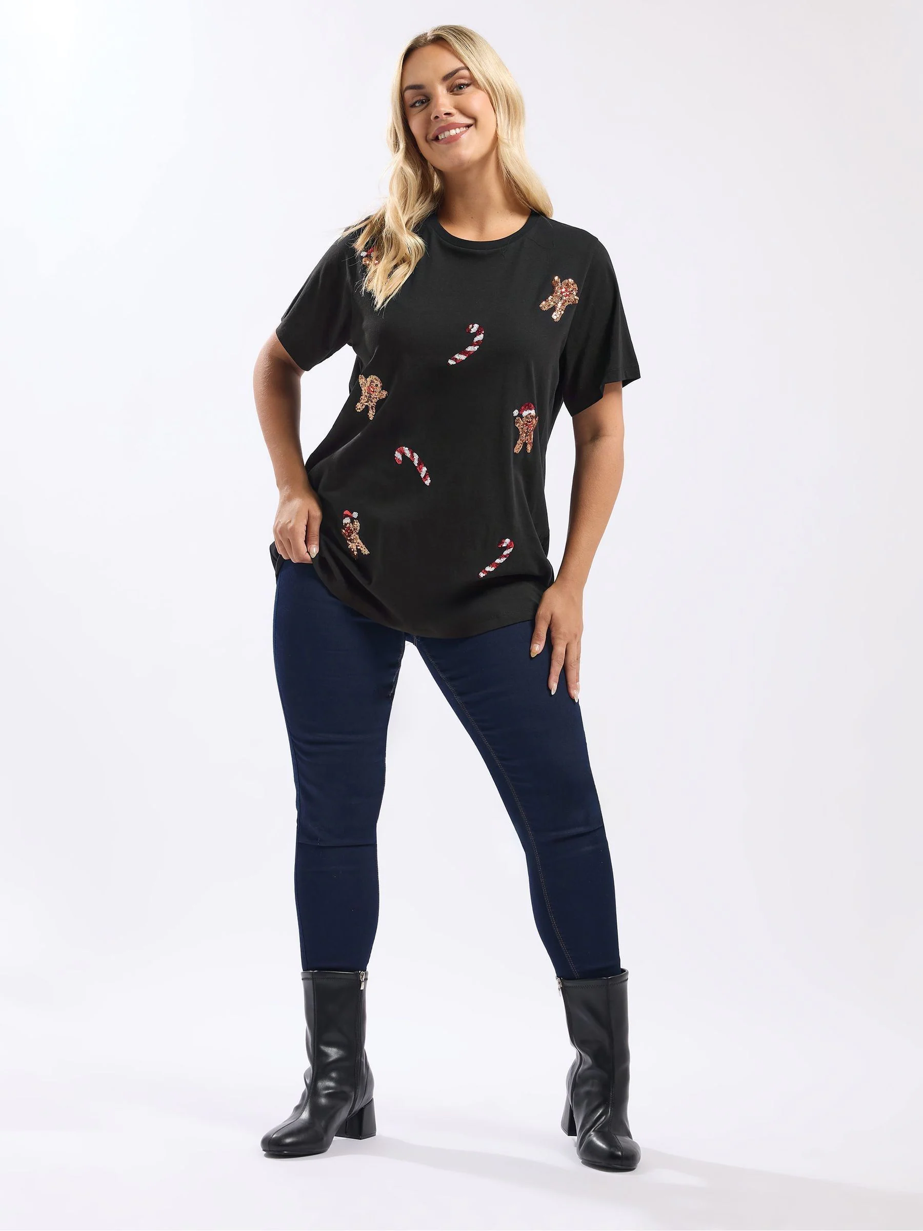 Yours Curve - Korte Mouw Pailletten Novelty T-shirt