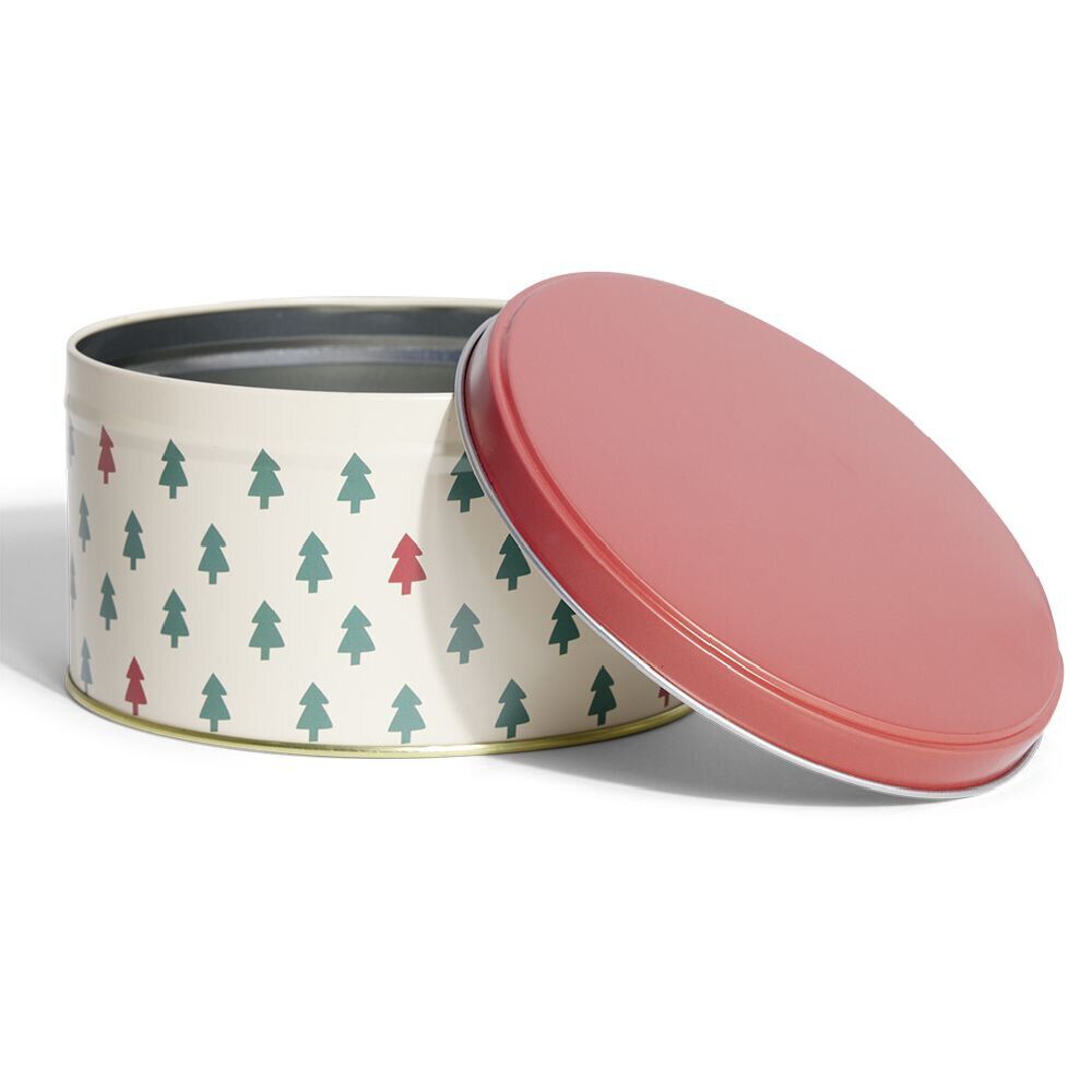 Boîte ronde en métal Ø13,5cm motif sapin vert et rouge