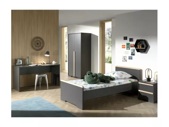 NASH DARK - Lit 90x200cm + Chevet + Armoire 2P + Bureau