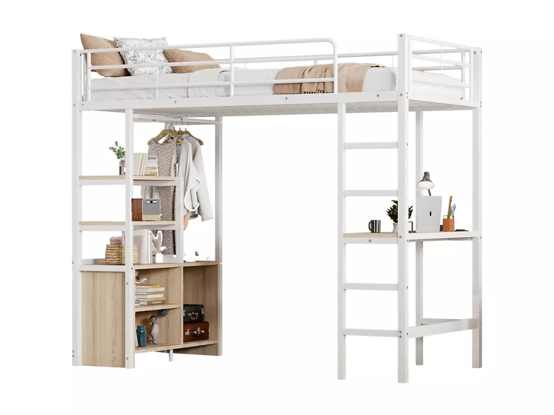 Lit mezzanine 90 x 200 cm avec bureau, prises USB, placard de rangement ouvert - Métal + MDF - Blanc (sans matelas)