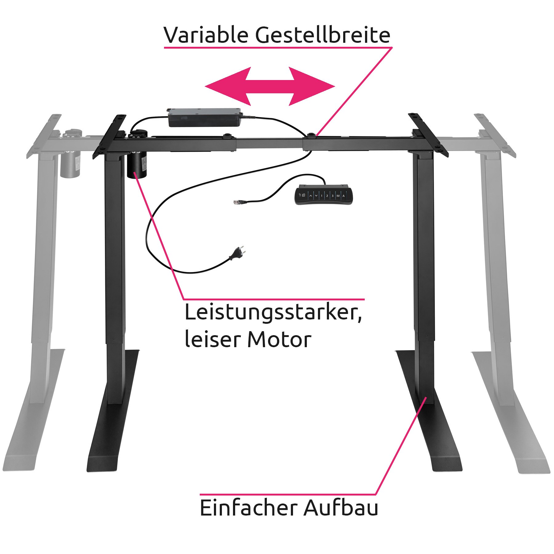 tectake® Tischgestell, elektrisch höhenverstellbar, breitenverstellbar, 85 - 129 x 65 x 71 - 121 cm