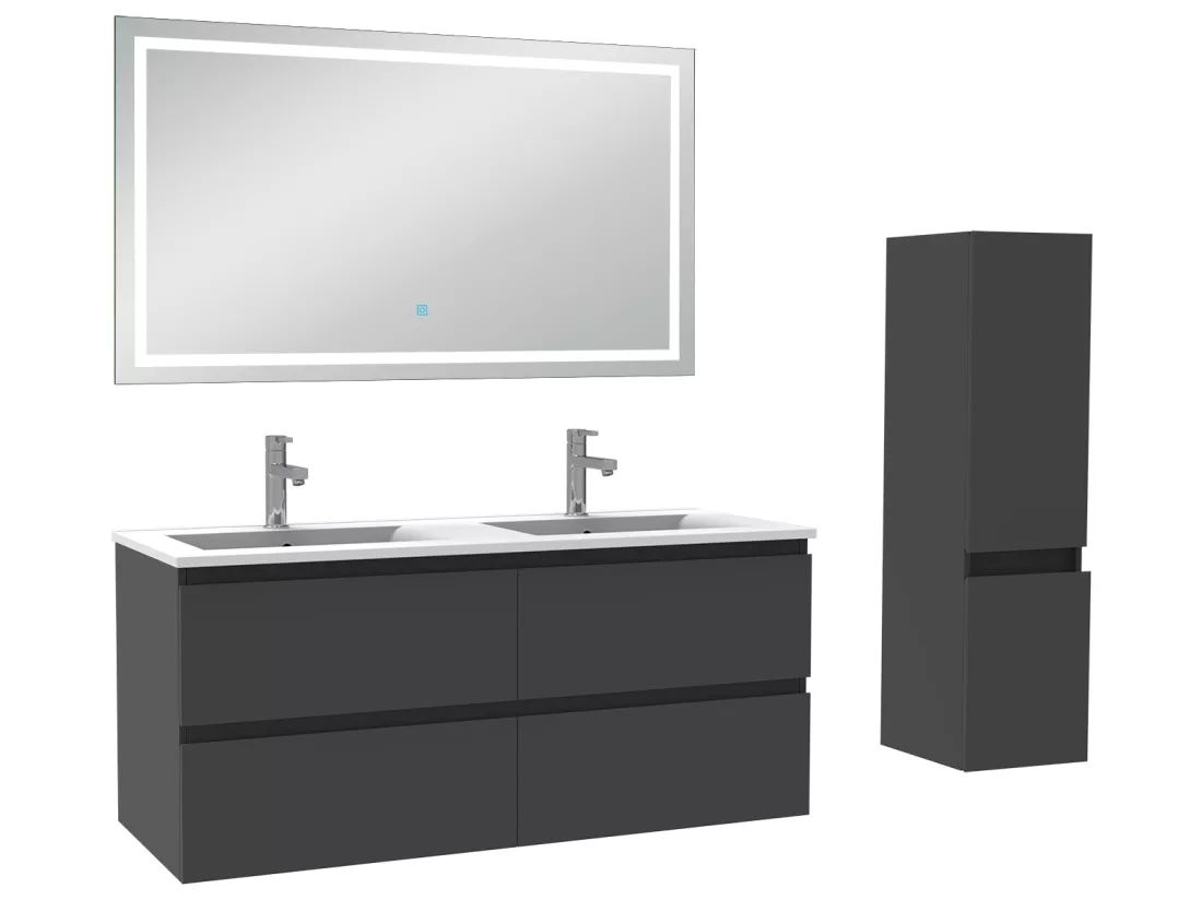 Ensemble meubles Salle de Bain 120cm vasque + colonne + miroir lumineux Anthracite - Aica