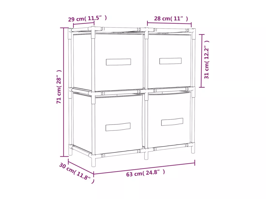 Armoire de rangement 4 paniers en tissu Gris 63x30x71 cm Acier