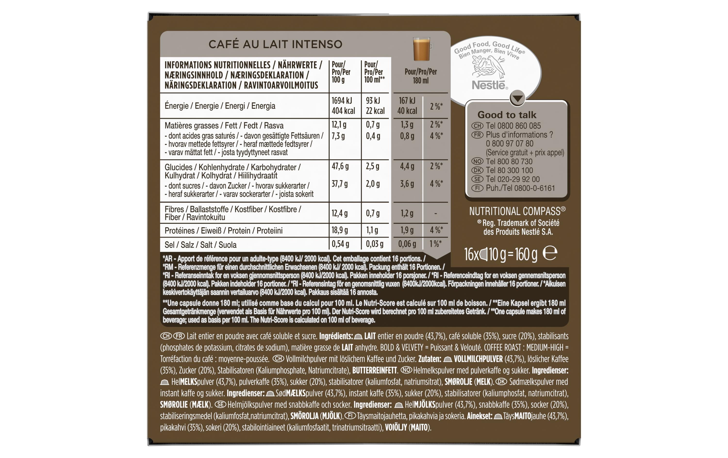 Kaffeekapseln Dolce Gusto Café lait Intenso 16 StückVollmilchpulver mit löslichem Kaffee und Zucker
