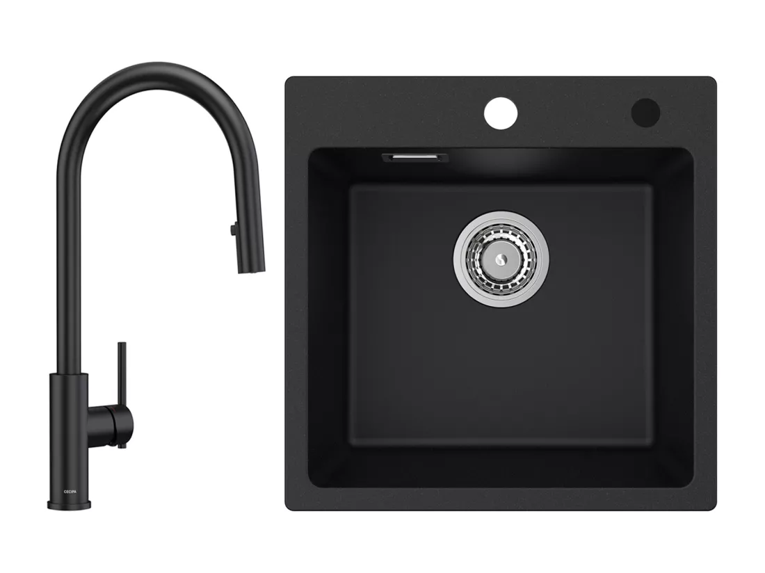 CECIPA MAX Evier Quartz Noir 45x45 cm Evier 1 Bac en Quartz et Résine + Mitigeur de Cuisine Avec Douchette Extractible, 2 Modes de Sortie D'eau, Noir