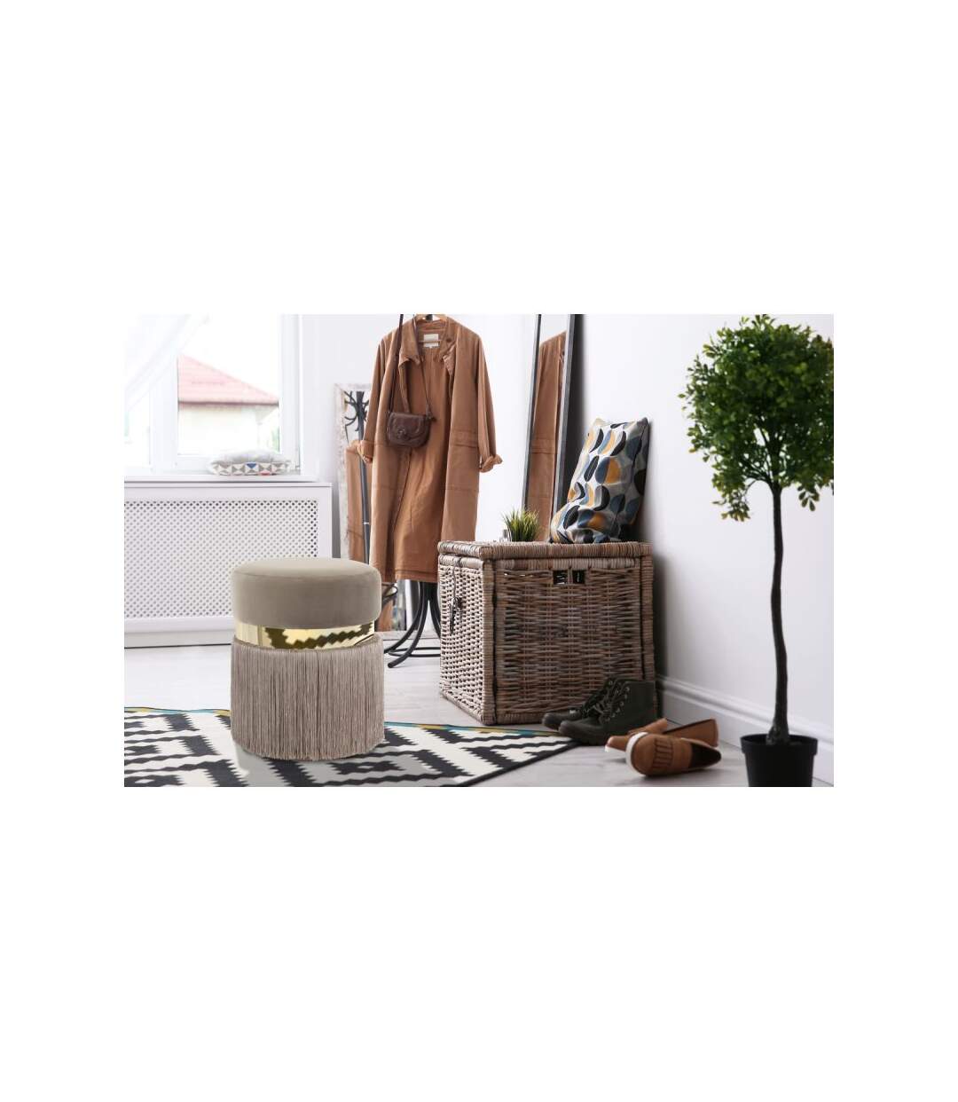 Paris Prix - Pouf Rond Bicolore rebecca 45cm Taupe & Or