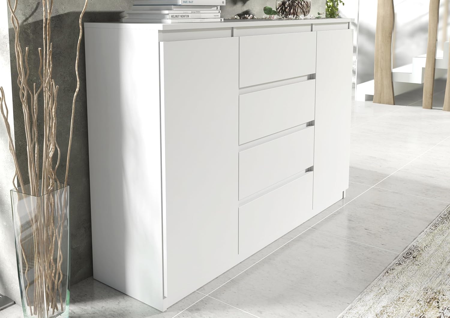 meble masztalerz Kommode Weiss mit 4 Schubladen und 2 Türen 120 cm, Sideboard Wohnzimmer, Schlafzimmer H: 101,5 cm, B: 120,4 cm, T: 39 cm, Kommode mit Schubladen, Schubladenschrank
