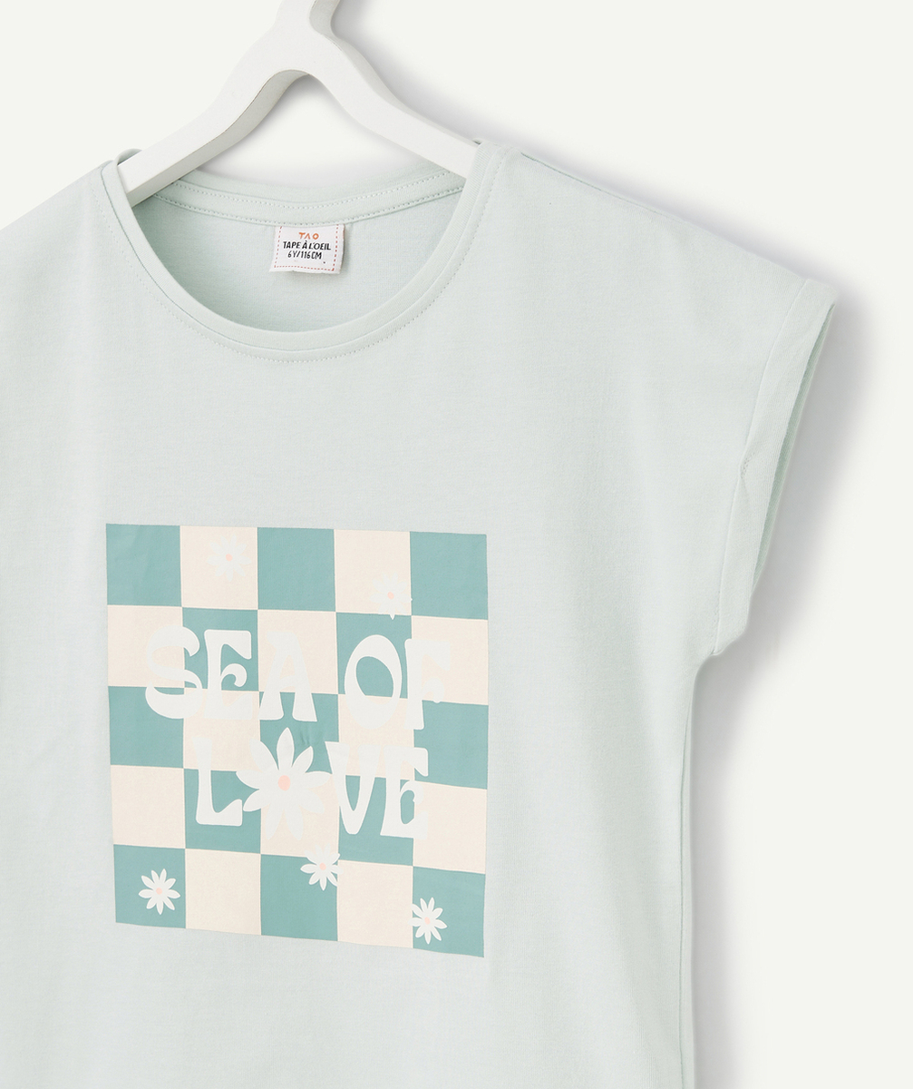 T-SHIRT FILLE EN COTON BIO VERT MENTHE AVEC MOTIF DAMIER ET FLEUR