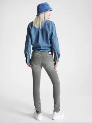 Calça jeans skinny preta desbotada de cintura baixa Sophie