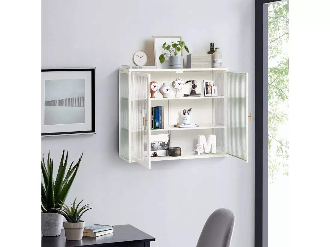Armoire Murale Moderne à Deux Portes avec Verre Trempé et Rangement à Trois Niveaux, pour Salon, Entrée, Salle de Bain et Salle à Manger (70cm, Blanc)