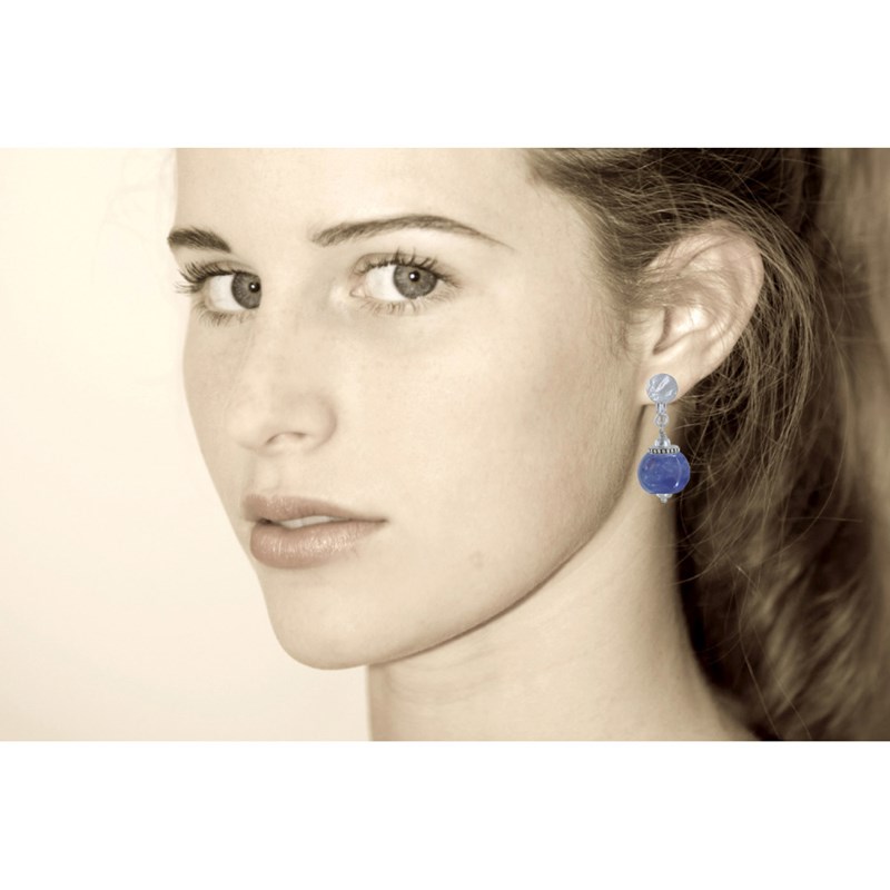 Boucles d'Oreilles Clip Métal Argenté et Grosses Perles en Céramique