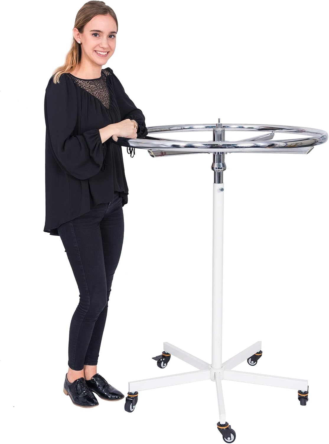 Konfektions Rundständer rollbar höhenverstellbar 110-175cm Sternenfuß weiß Neuware, sehr gut erhaltener Ring Ø85cm verchromt - Kleiderständer stabil, Garderobenständer, Rollständer