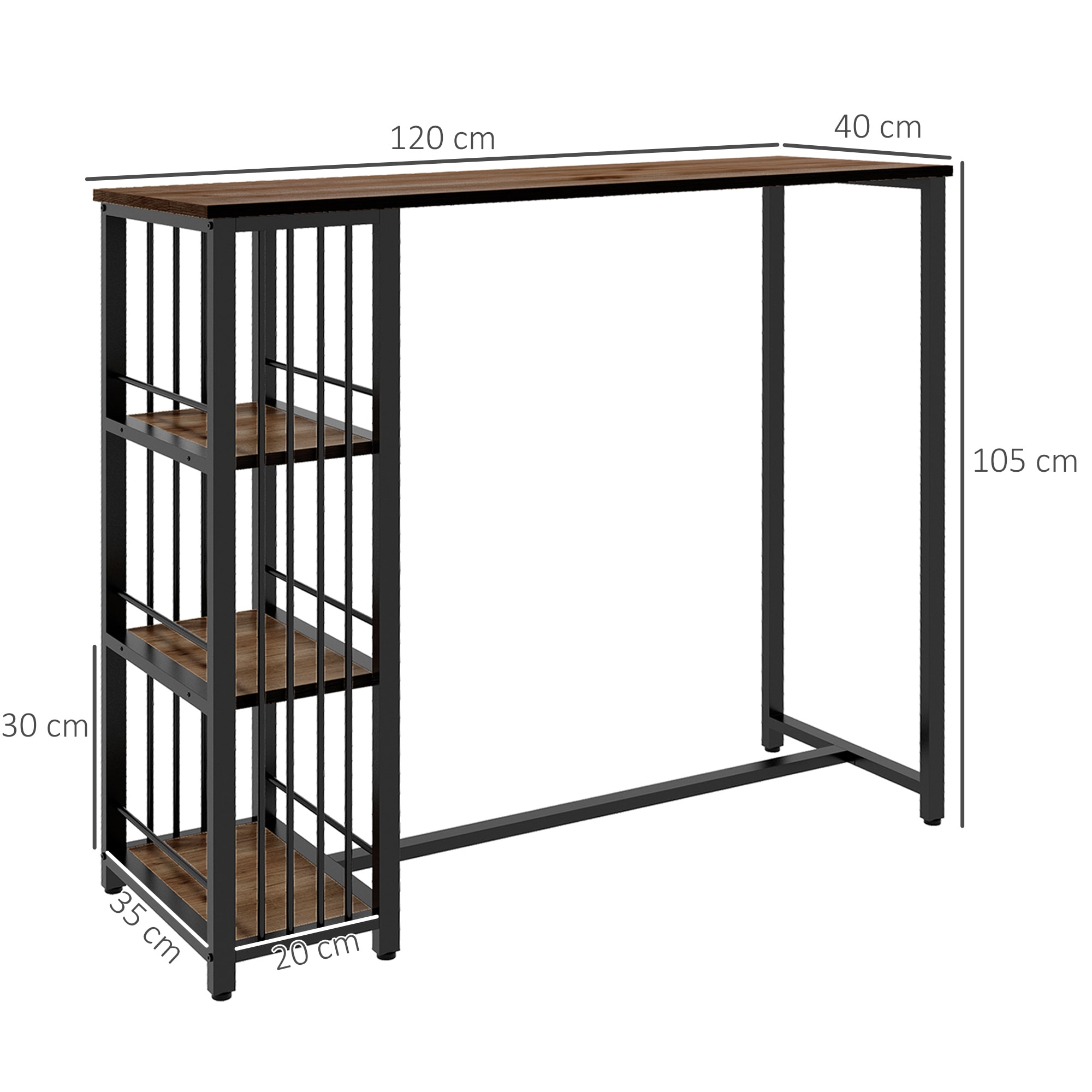 HOMCOM Bartisch mit 3 Ablagefächern braun 120L x 40B x 105H cm