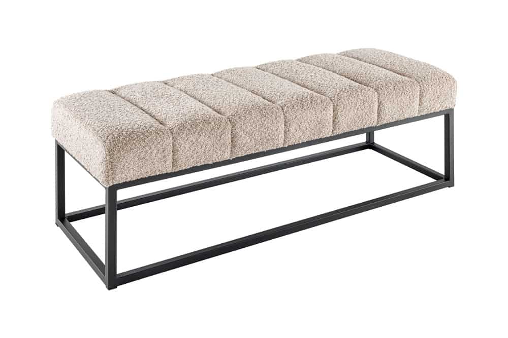 Design Sitzbank PETIT BEAUTÉ 110cm champagner greige Bouclé schwarzes Metallgestell
