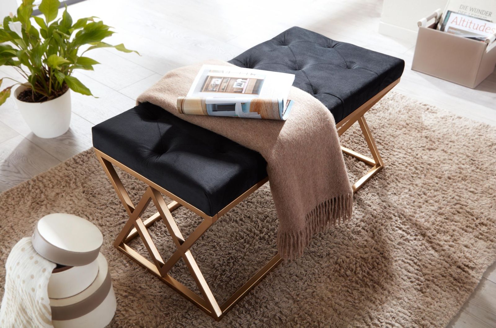 Sitzbank - schwarz-gold - Samt - 90 cm