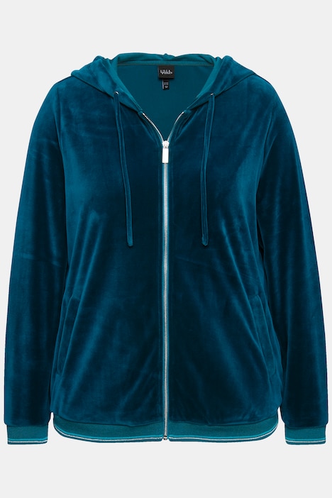Samt-Sweatjacke, Blüte, Kapuze, Glitzerstreifen-Bündchen