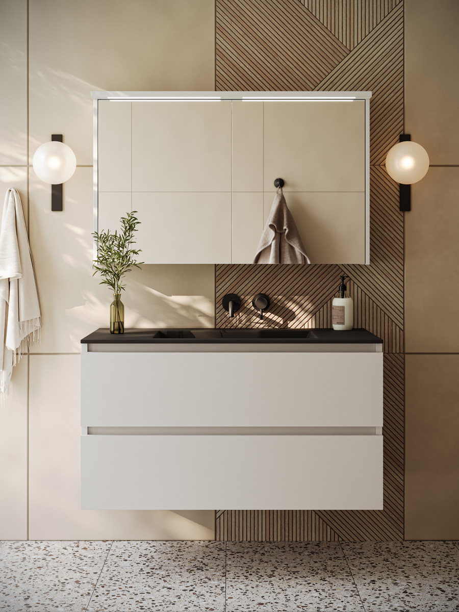 Fontana Rovigo badmeubel 100cm wit mat met zwarte wastafel zonder kraangat en spiegelkast met verlichting