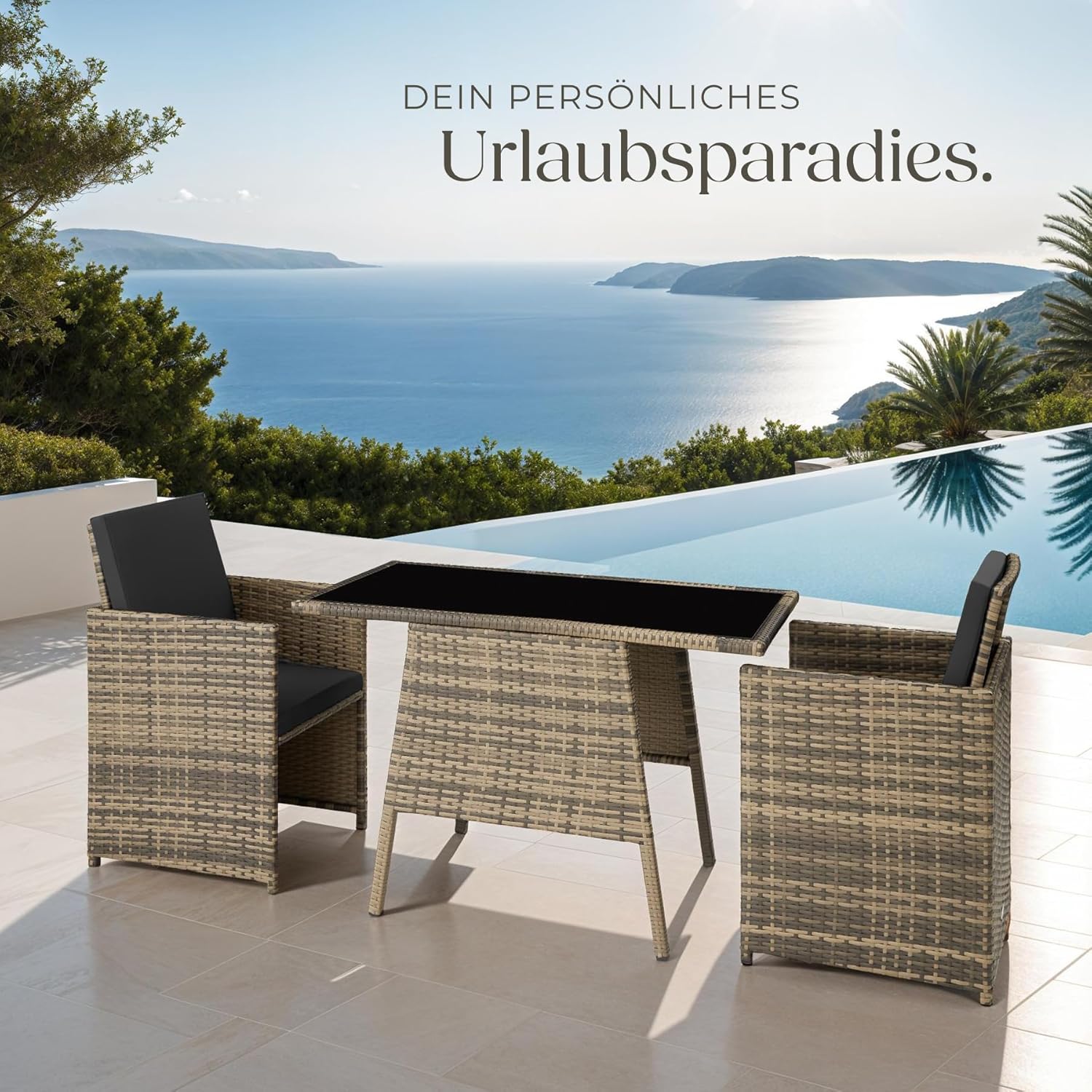 tectake® Poly Rattan Sitzgruppe für 2 Personen, Outdoor Möbel platzsparend zusammenschiebbar, 2 Sessel & 1 Tisch, ideales Balkon Lounge Set, Gartenmöbel, Terrassenmöbel wetterfest - Natur