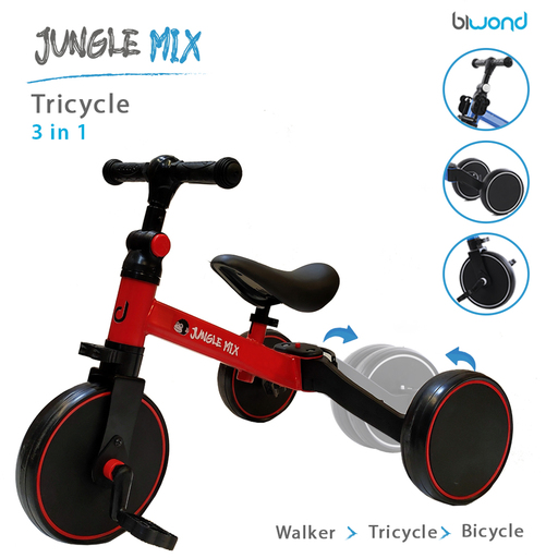 Triciclo infantil conversível 3 em 1 Biwond Jungle Mix, vermelho