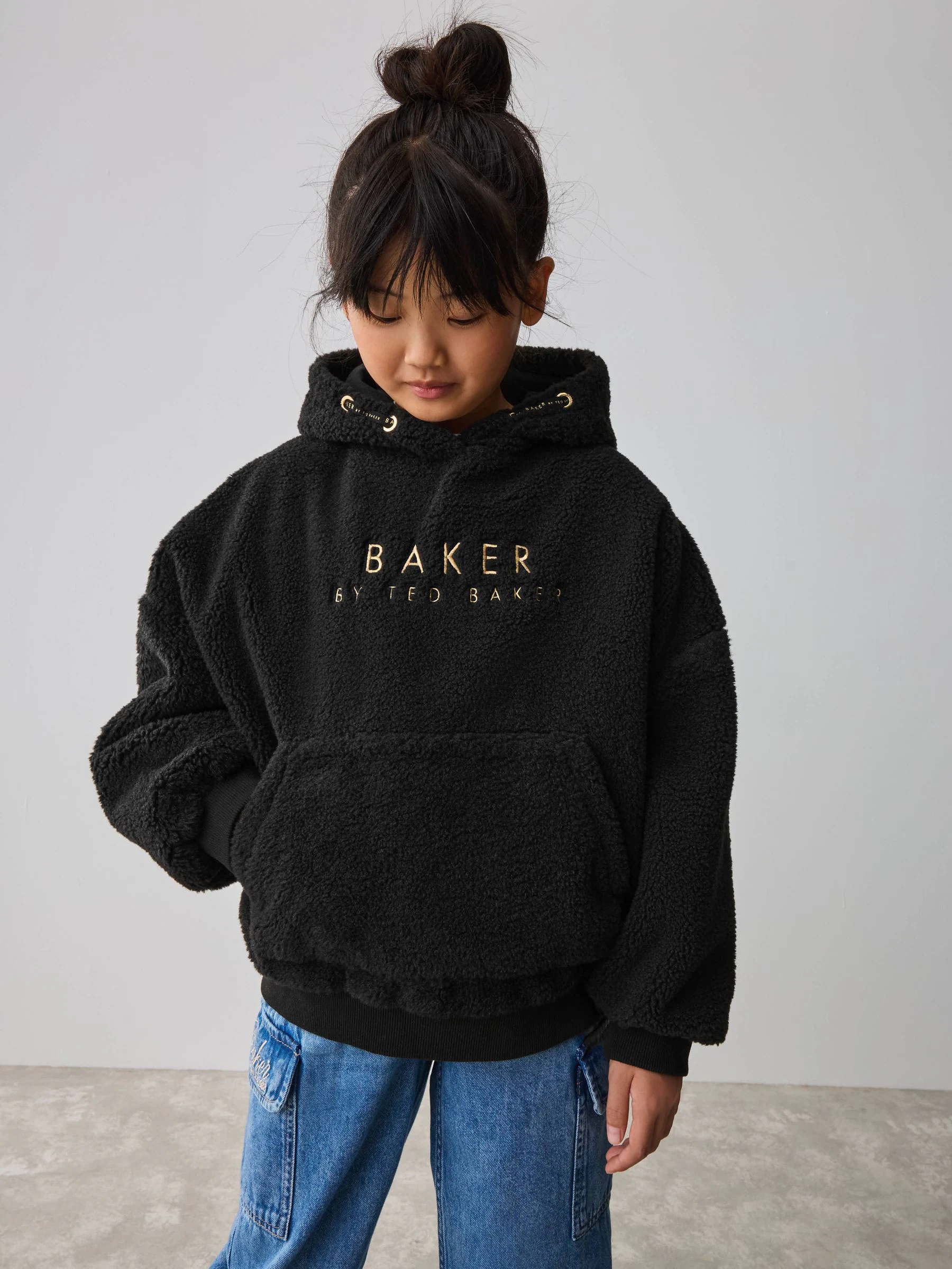 Baker by Ted Baker Zwarte Borg Fleece Hoodie met Borduursel op de Rug