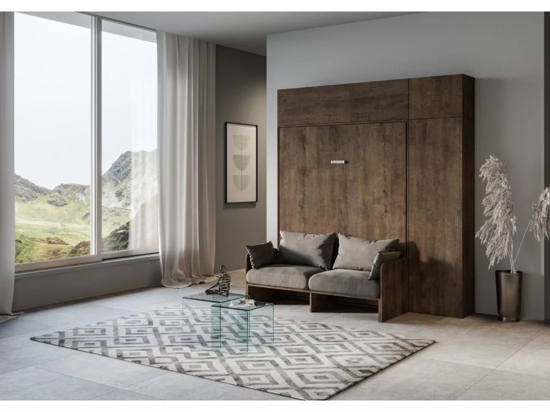 Armoire lit 120x190 escamotable avec colonne de rangement et éléments hauts avec mobilier bois noyer Kanto