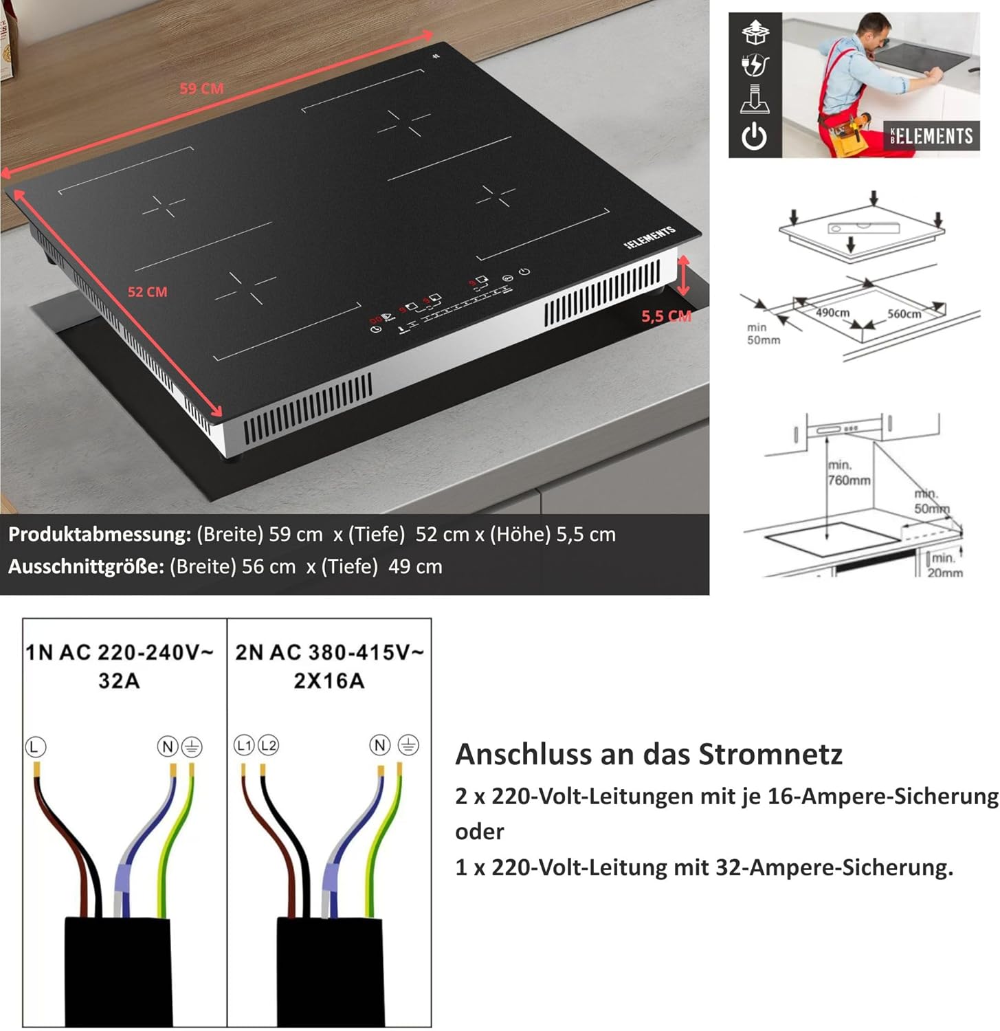 Herdset | 60cm Einbaubackofen | 59cm Induktionskochfeld | Induktionskochfeld kratzfest (Anti scratch) | Grill | Heißluft | AQUA CLEAN | 9 x Funktionen | Kindersicherung