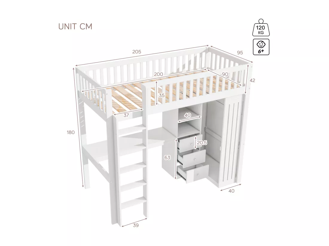 Lit mezzanine 90x200 cm en bois - avec bureau & penderie - Blanc