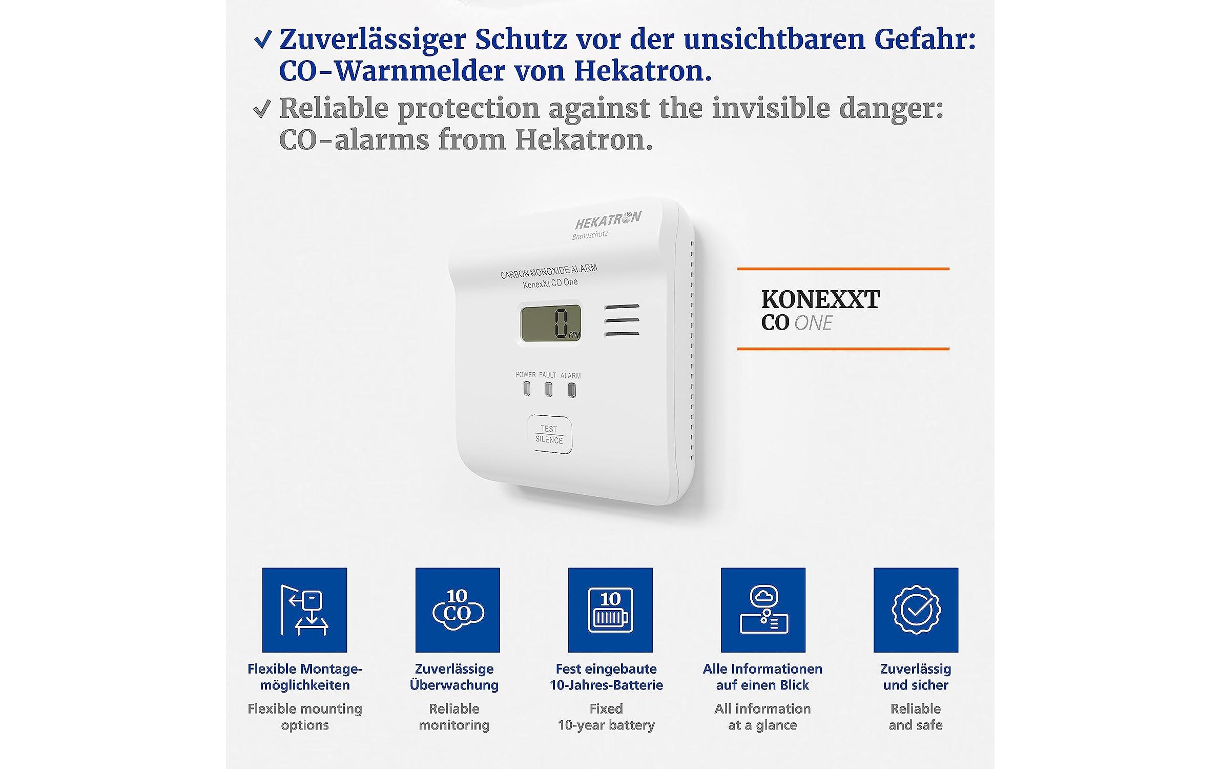 CO-Warnmelder KONEXXT CO One 85dB, IP42, elektrochemischFlexibler, zuverlässiger und langlebiger Kohlenmonoxidmelder
