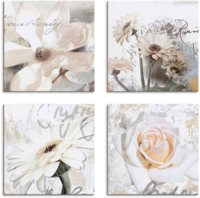 Artland Leinwandbild »Magnolie Gerberas Rosen in Buchstaben« Blumen 4 Stk. tlg. 4er Set, verschiedene Grössen