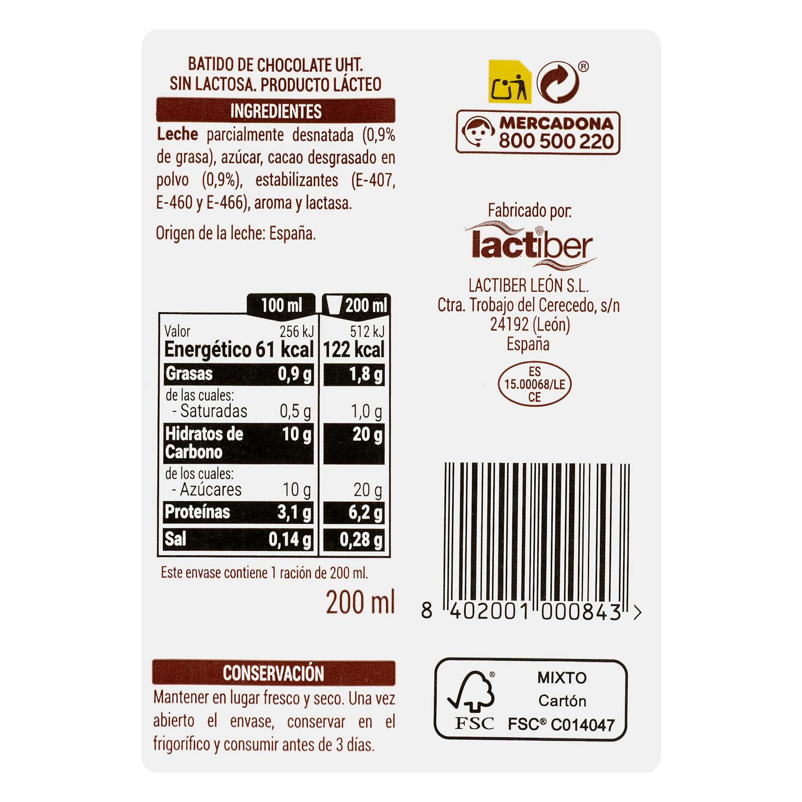 Shake au chocolat au lait 90% Hacendado