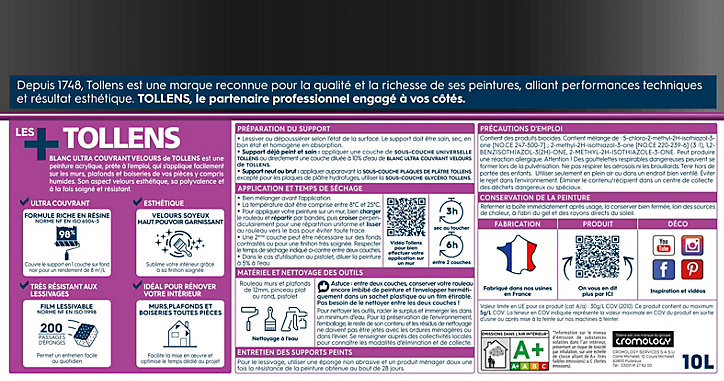 Peinture Tollens ultra couvrant murs, plafonds et boiseries velours blanc 10L