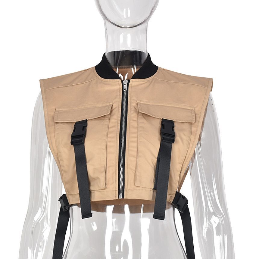 BrickBlack - Cropped cargovest met rits en drukknoopsluiting / geperforeerde legging