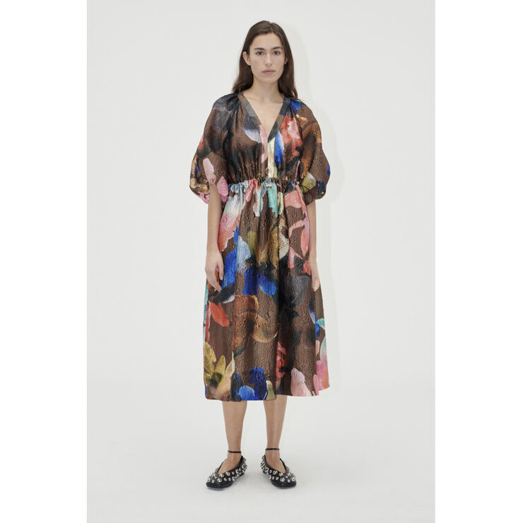Stine Goya Three-Quarter Sleeve Elasticated Midi Dress, 2258 Crinkled T Aquarelle garden