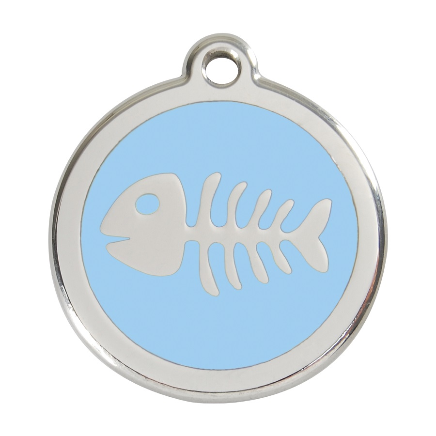 Placa de identificação para cães em aço inoxidável esmaltado com desenho de esqueleto de peixe azul claro.