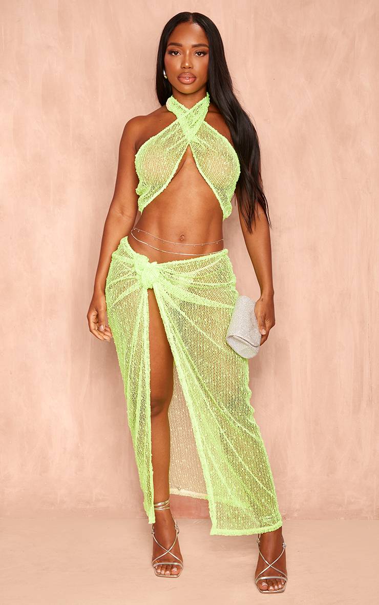 Citron Vert Jupe Midaxi Shape À Sequins Texturés Avec Nœud Sur Le Côté